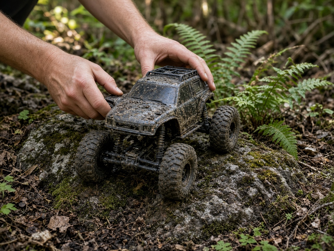 Hands setting a personal RC crawler onto a rock in the woods