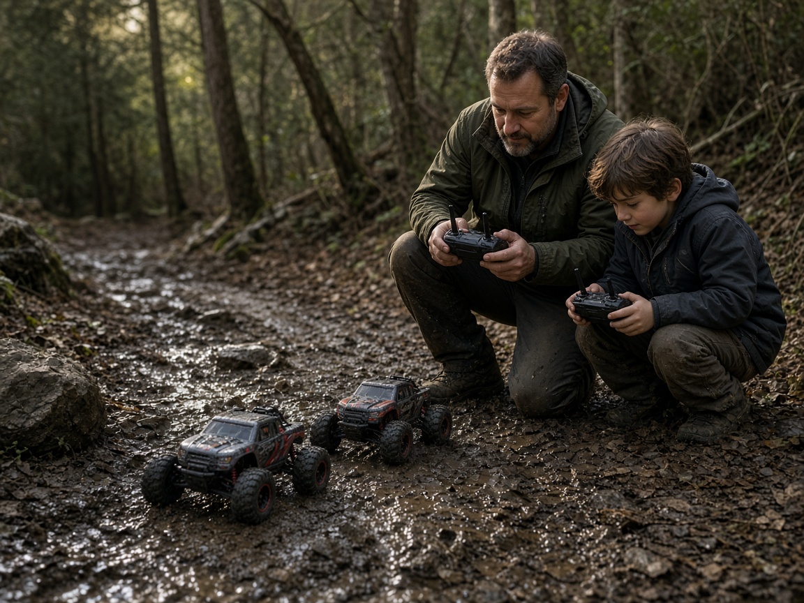 A father and his child driving radio-control trucks on a muddy trail