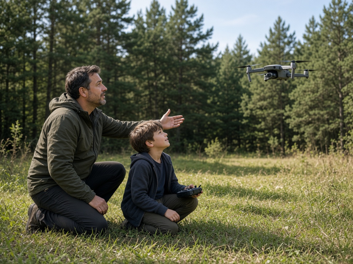 A father coaching his child as they fly a small drone