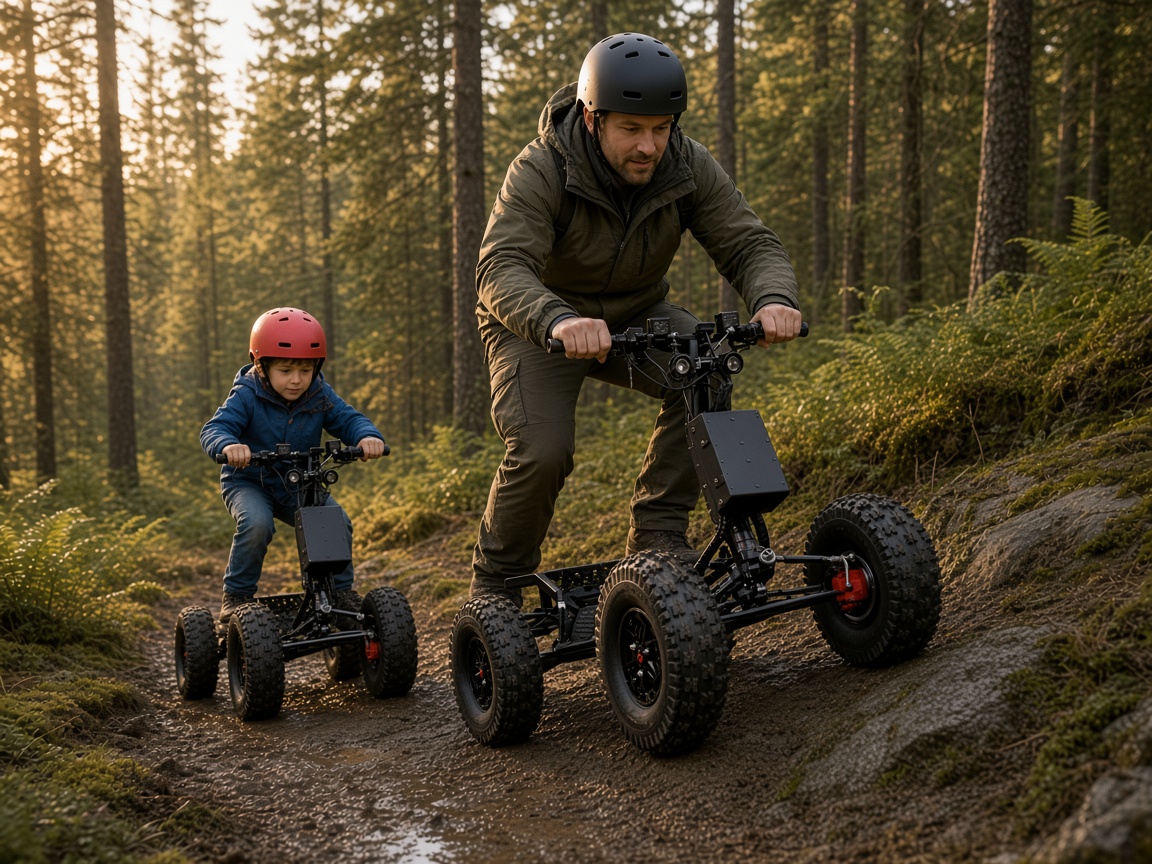 A father and his child riding EZ Raiders on a forest trail