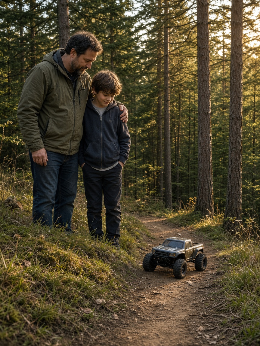 A father with his arm around his child, watching an RC truck on a wooded trail