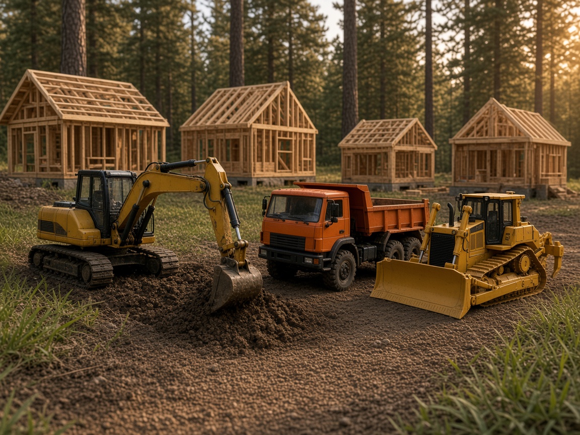 Scale excavator, dump truck, and bulldozer beside miniature house frames