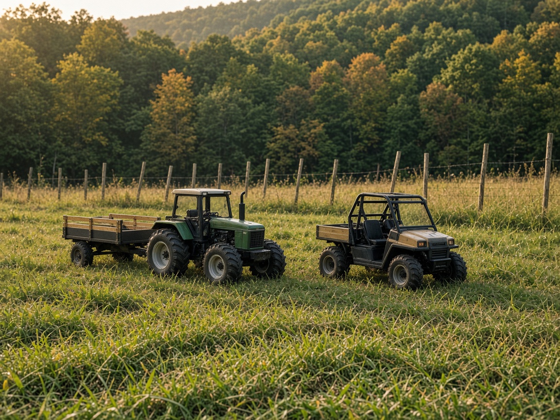 A scale tractor with a trailer and a small utility vehicle in a field