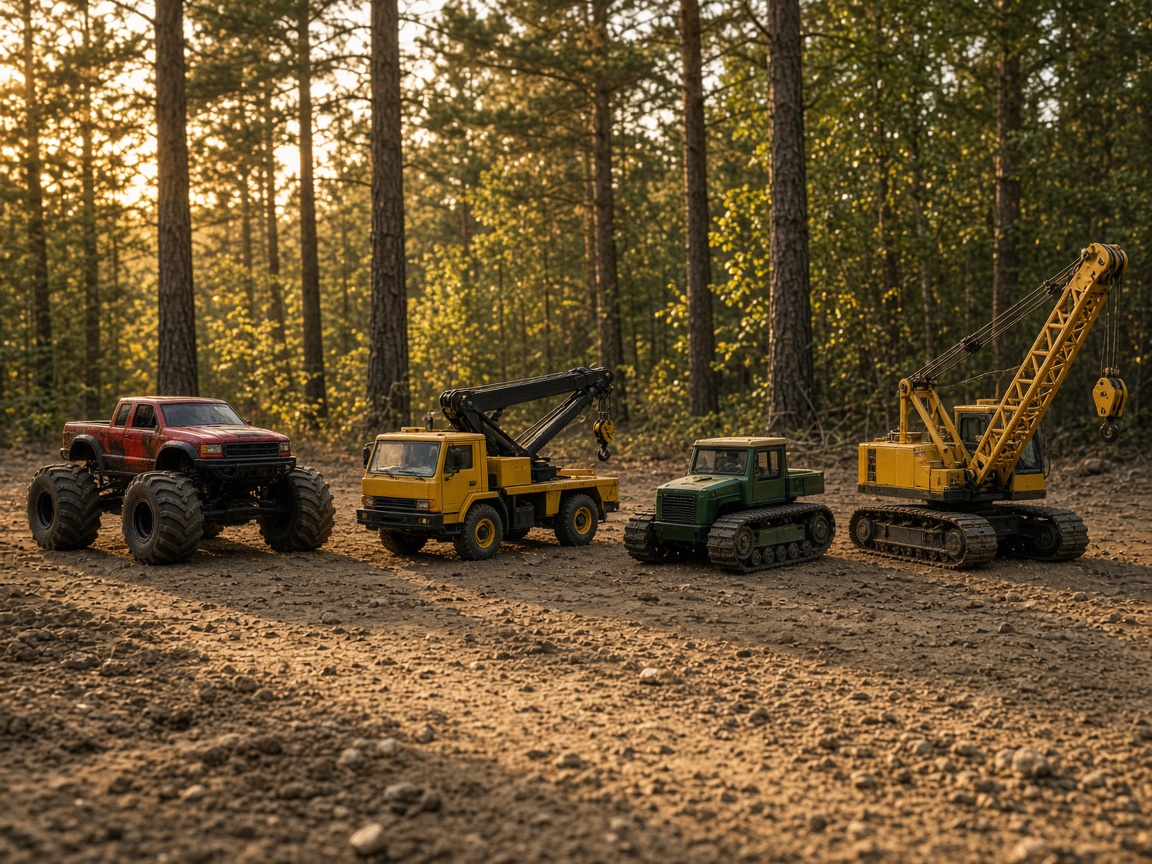 A monster truck, crane, tracked vehicle, and crawler parked together