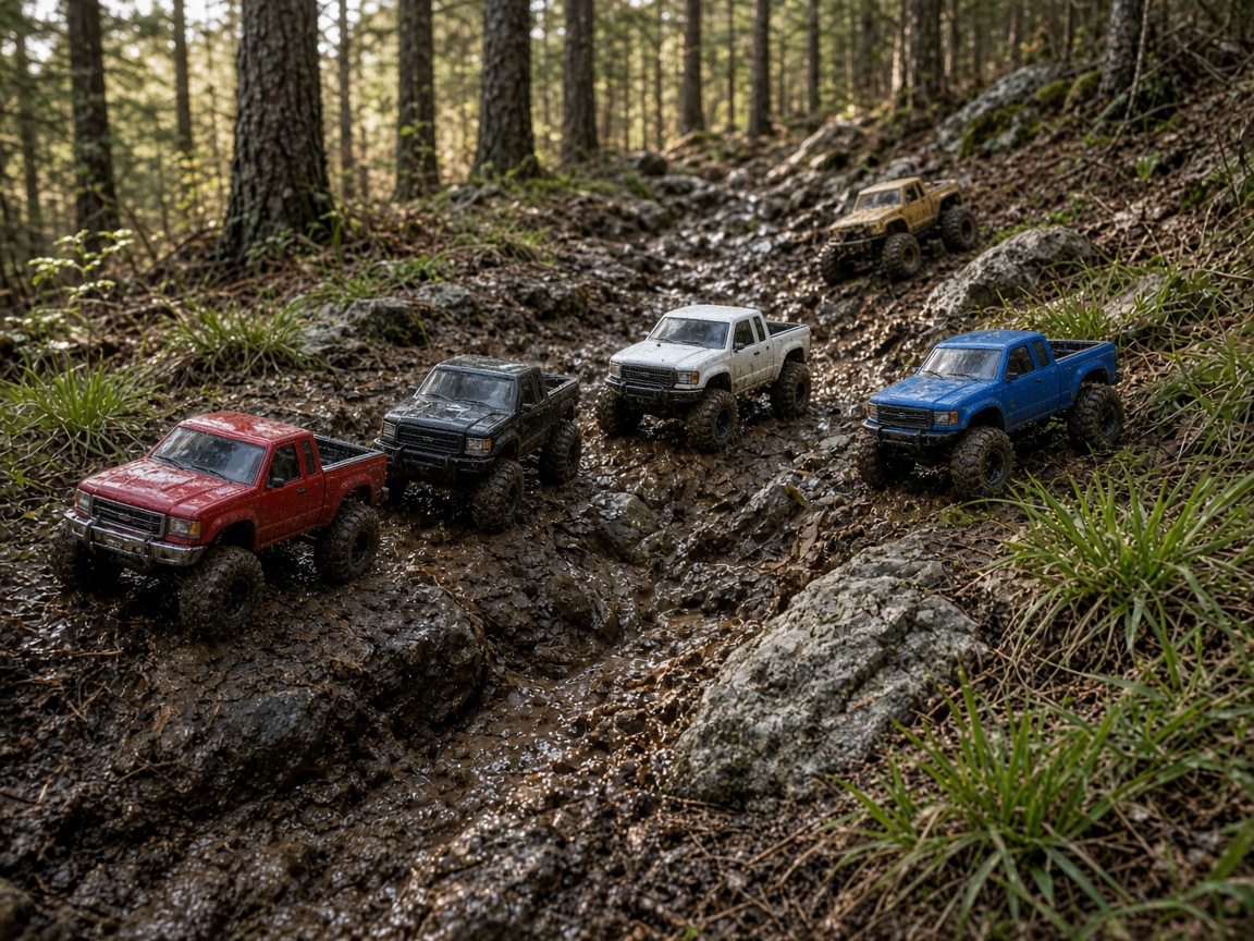 RC crawlers and trucks on a muddy rocky trail
