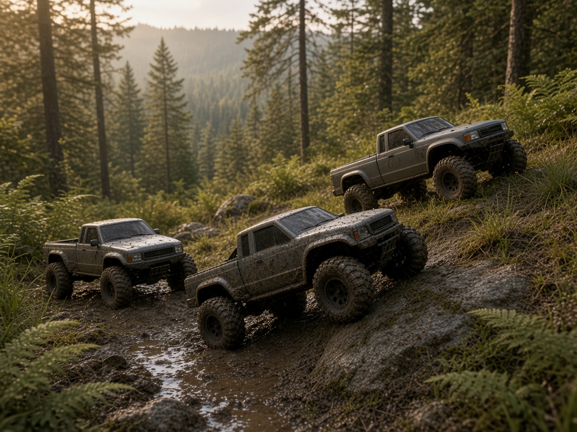 Radio-control trucks crawling a rocky, muddy hillside in the woods