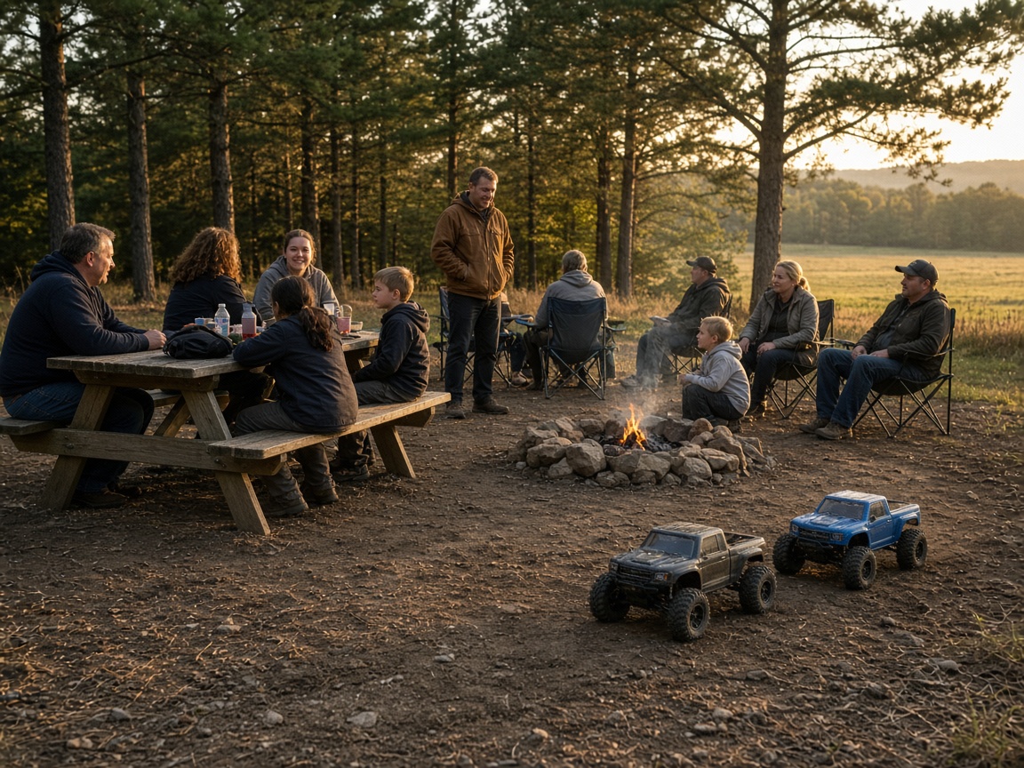 Families around a fire pit beside RC trucks