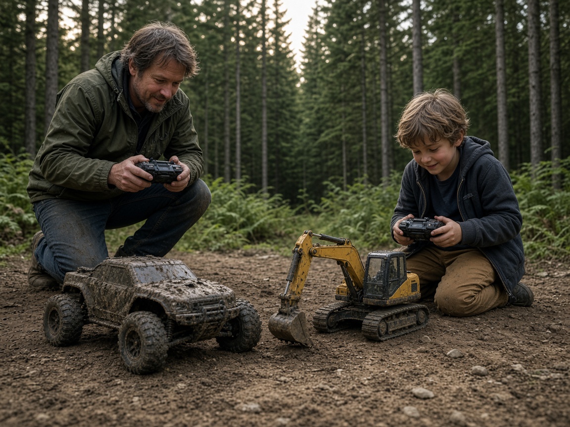 A father and his child kneeling together, each driving a radio-control vehicle on a dirt clearing