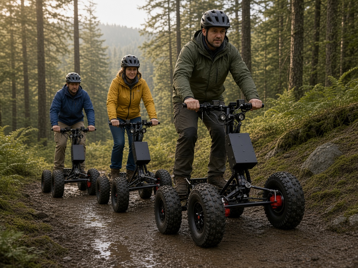 A small guided group riding EZ Raiders along a muddy forest trail