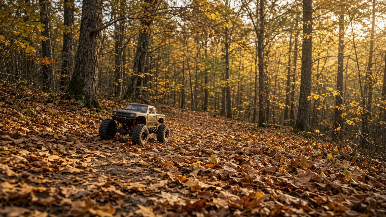 An RC crawler on a path of fallen leaves