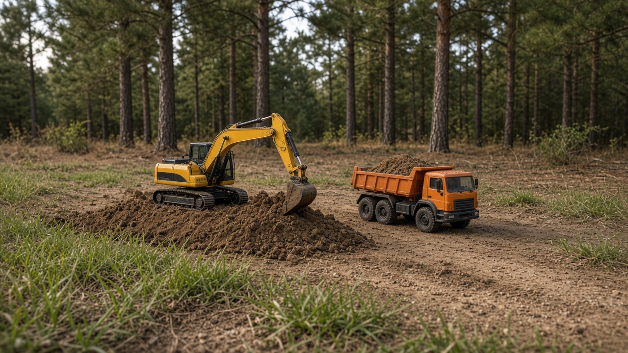 An RC excavator loading a scale dump truck