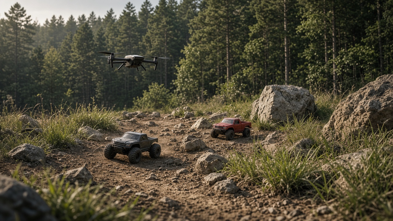 A drone flying over RC trucks on a dirt course