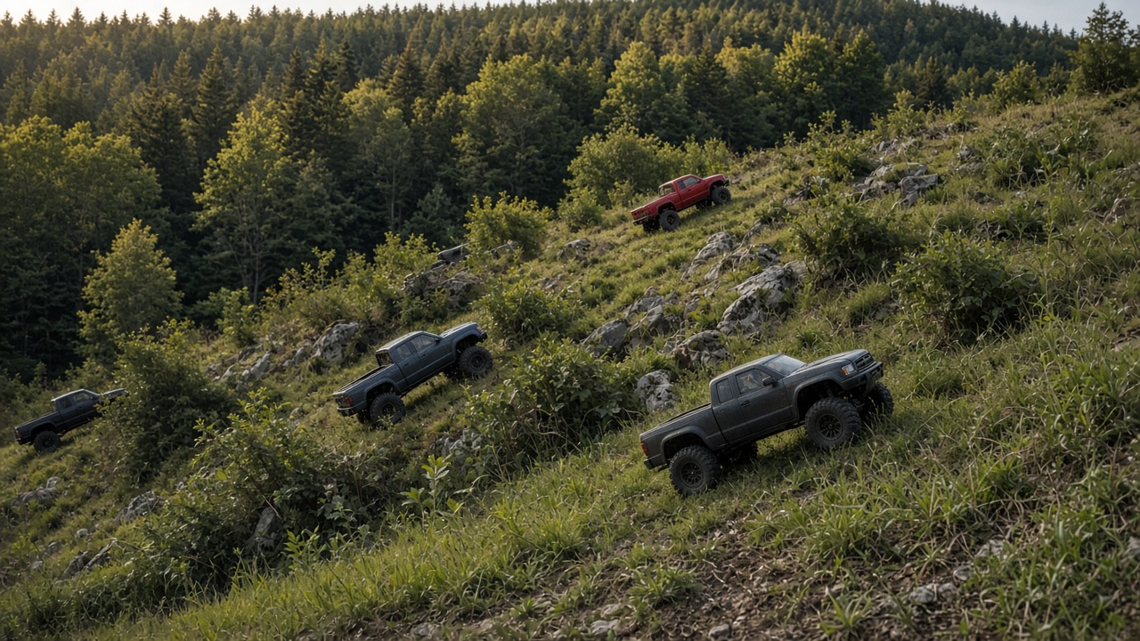 RC trucks climbing a grassy hillside