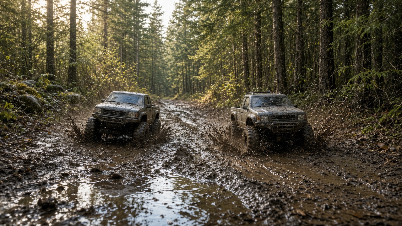 RC trucks driving through deep mud