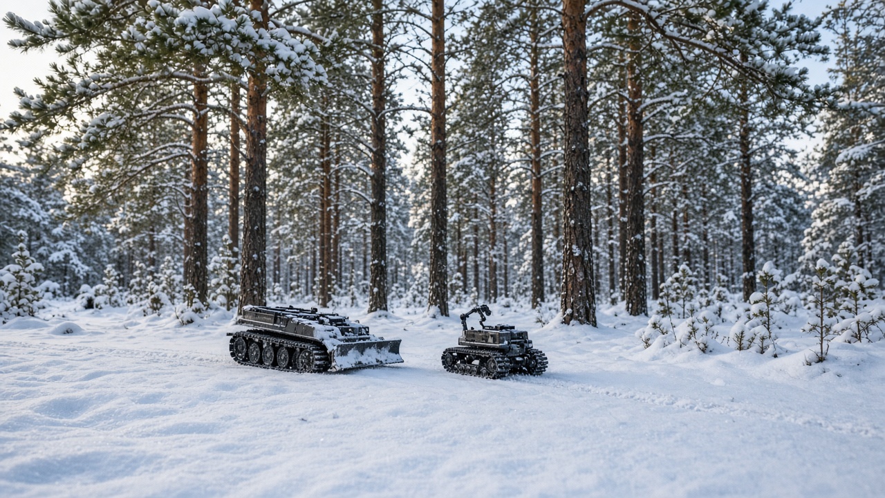 Tracked RC vehicles in a snowy pine woods