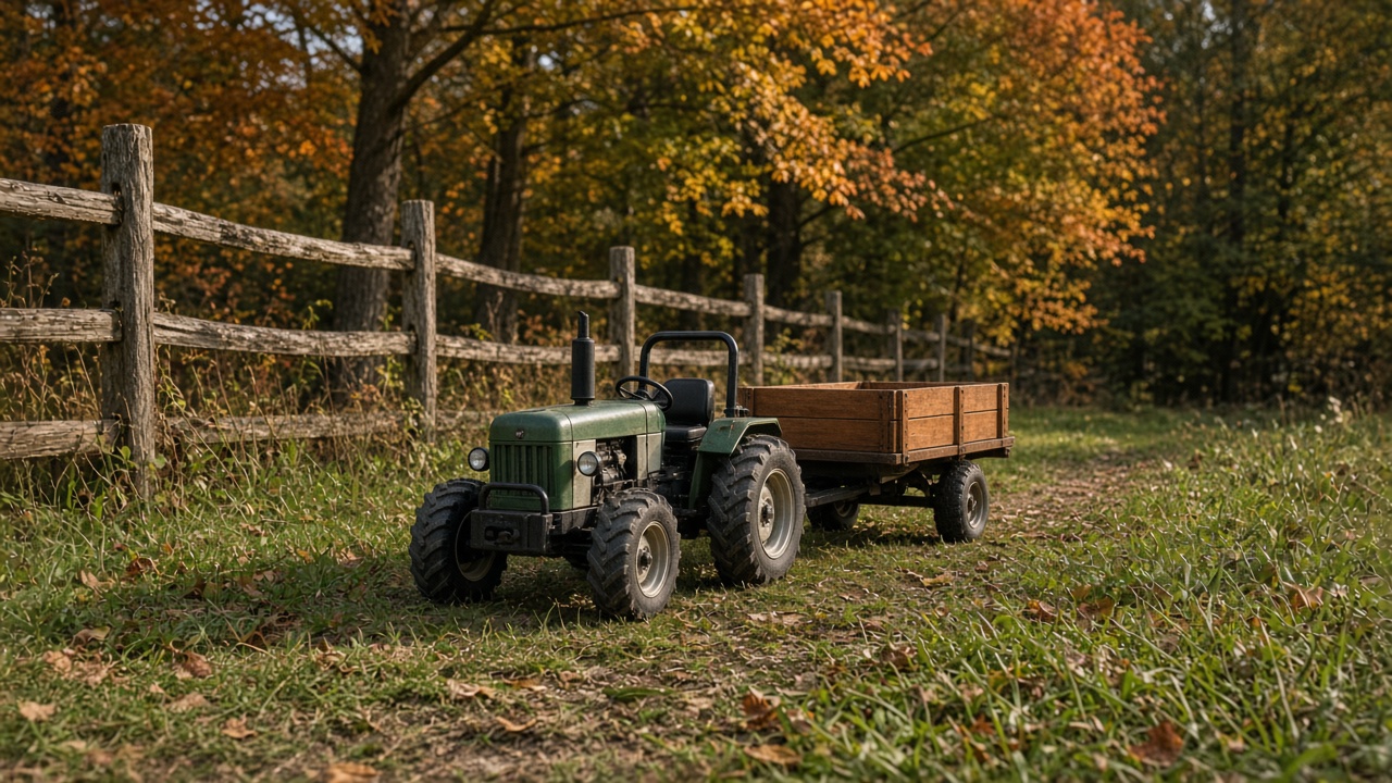 A scale tractor and trailer on a grassy path
