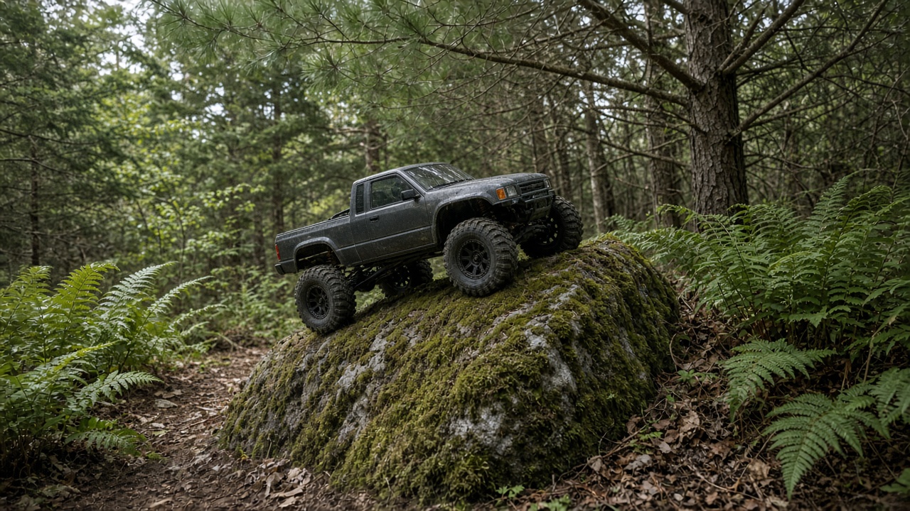 An RC crawler on a mossy boulder